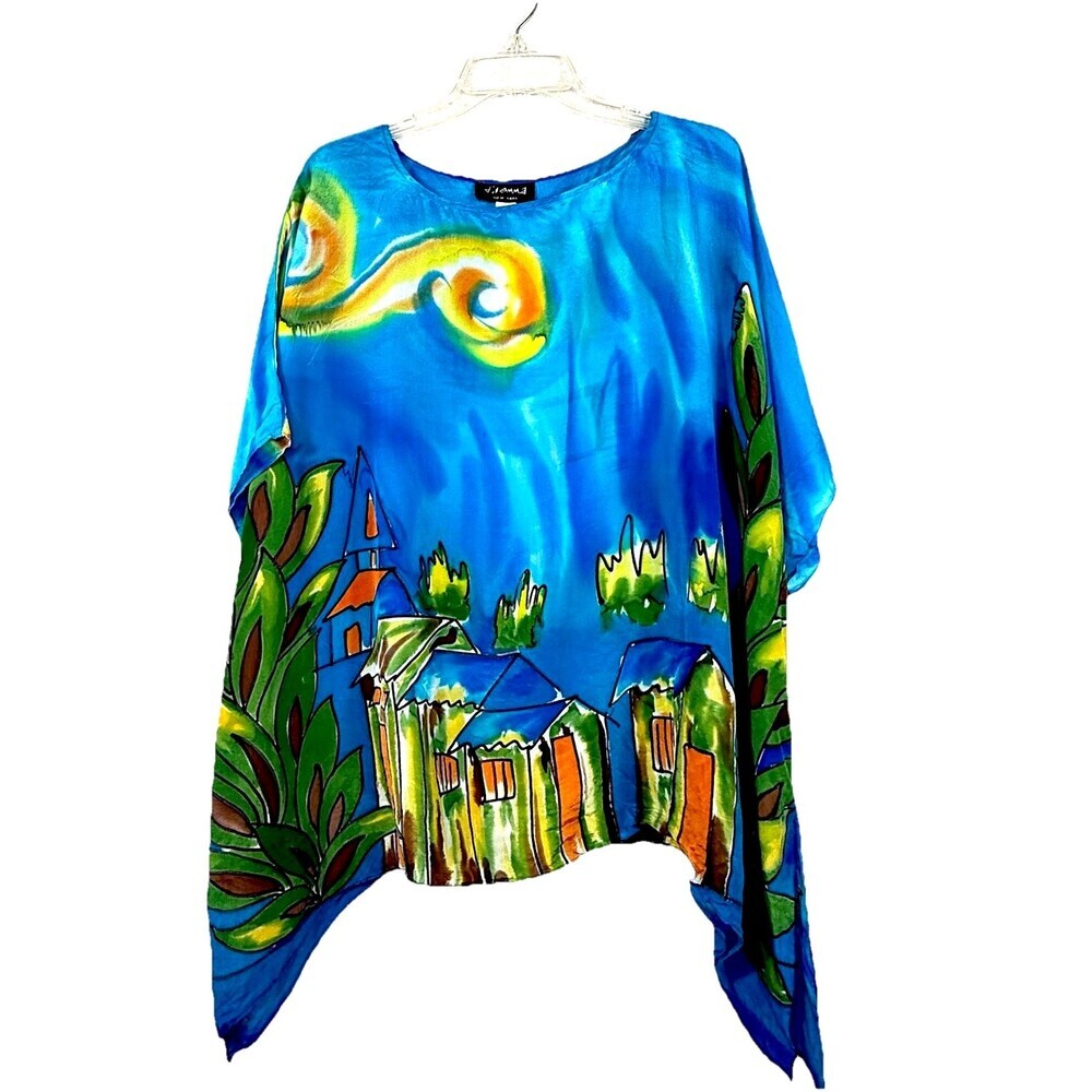 Vtg Dilemma NY Hand Painted Silk Art Wear Poncho Top Dopamine Boho One Size